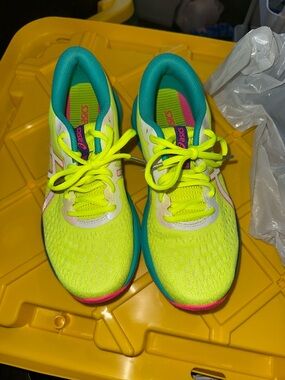 Asics Bright Yellow & Teal Athletic Sneakers with Pink Insole Stripe